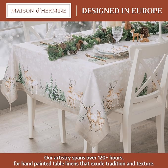 Maison d' Hermine Table Cloth Rectangle Table 100% Cotton 70 x 120 Inches Fall Tablecloth Reusable Everyday Use for Thanksgiving Christmas Decorations Dining Farmhouse Party (Deer in The Woods)