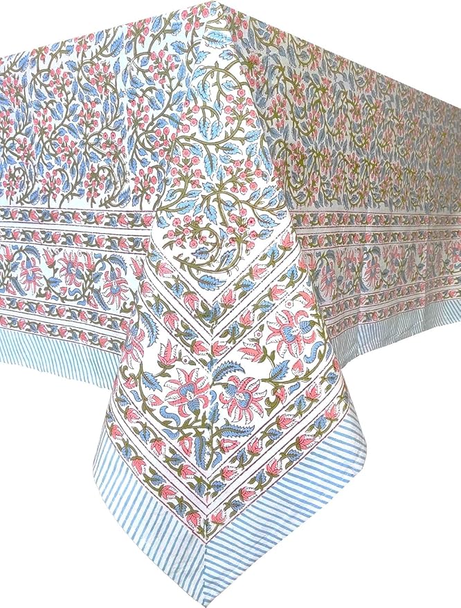 ATOSII Kalina 100% Cotton Fall Rectangle Tablecloth, Handblock Print Floral Table Cloth for Kitchen Dining Linen I Weddings Outdoors Easter Spring Summer I 72 X 120 Inches I 10 Seater