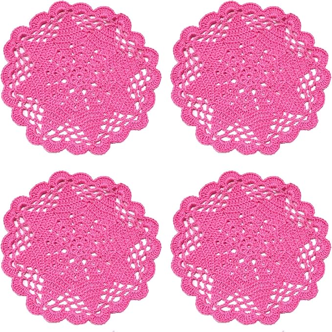 BIBITIME Handmade Crochet Round Lace Doilies Kitchen Table Placemats Wedding Tea Flower Vase Cup Mats (Rose, 6" to 7",Pack of 4PCS)