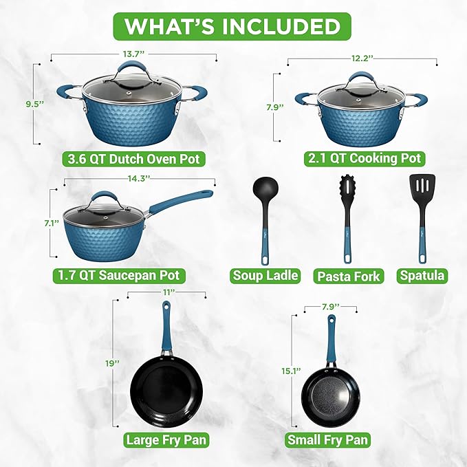 NutriChef 11 Pc Pots and Pans Set - Non Stick Cookware Set with Ceramic Coating, Ergonomic Handles, Induction Ready, Includes Saucepan, Dutch Oven, Large & Small Fry Pans - Royal Blue