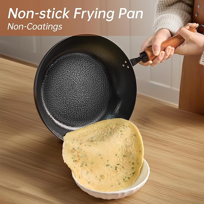 WANGYUANJI 11-Inch Carbon Steel Frying Pan with Beech Wooden Handle & Glass Lid - Physical Non-Stick, Non-Coating Skillet for Induction, Sautéing, Frying, Stir-Frying