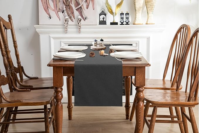 Black Grey Table Runner 13x36 Inches Long, Cotton Linen Farmhouse Style Seasonal Dresser Scarf for Kitchen Dining Coffee Table Parties Wedding Home Decor (13” x 36”, Black Grey)