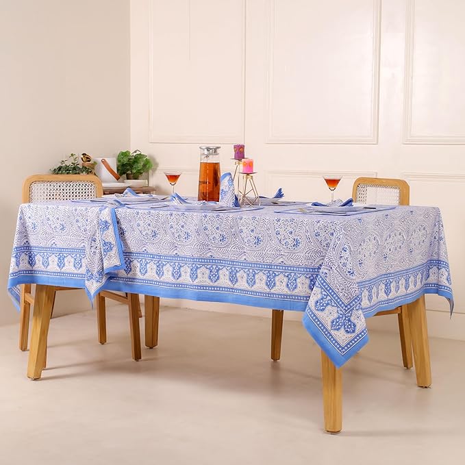 Hand Block Printed Table Cover - Exquisite Design, Premium Cotton Fabric, Perfect for Dining and Decor, Dining Table Linen(Arctic Blue,8 Seater 70 x 108 Inches Rectangle)