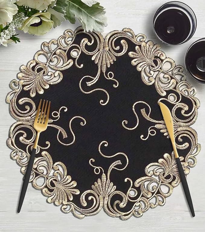 Decozen Set of 12 Doilies for Table, Lace Doilies - Rustic, Crochet, Farmhouse, Kitchen, Dining Table Centerpiece Decor - Round Christmas Placemats 15 inch Gold Black, The Chantelle Collection