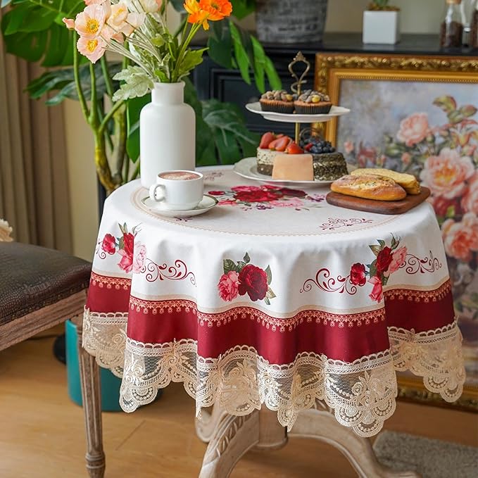 SUTAVIA Round Table Cloth with Embroidered Lace Farmhouse TableCover Classic Antique Flower Decor Macrame Tablecloth for Home Holiday Garden Coffee Small Table(Burgundy, 45 inch Round)