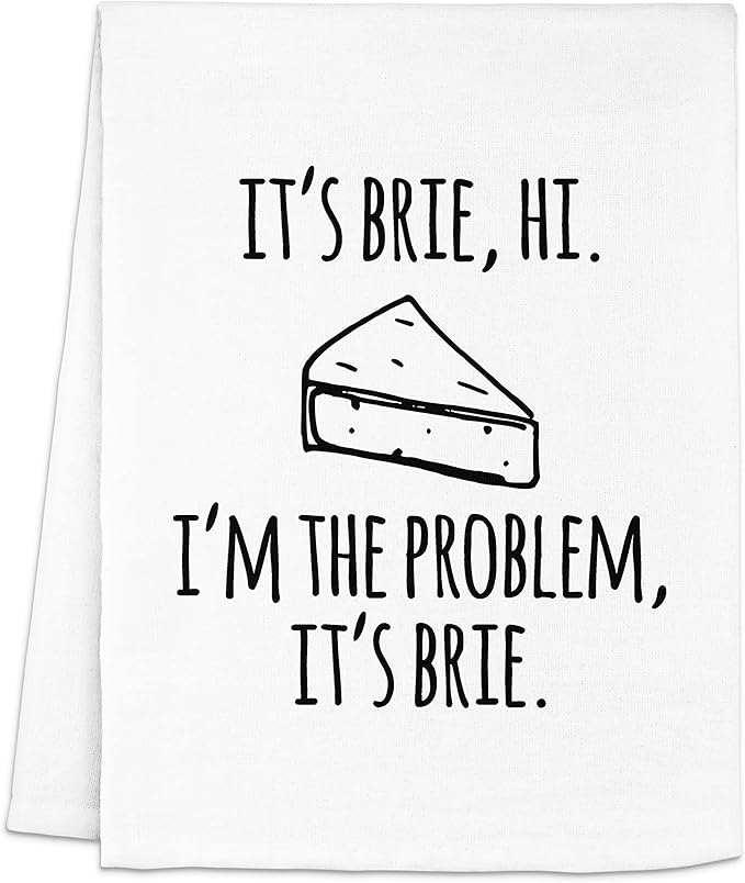 Moonlight Makers Cheese-Themed Funny Kitchen Towels - Decorative Handmade Cotton Dish Towels, Absorbent Tea Cloth, Unique Housewarming Gifts, Home Essentials, 28x28in - Brie Problem, White, 1-PC