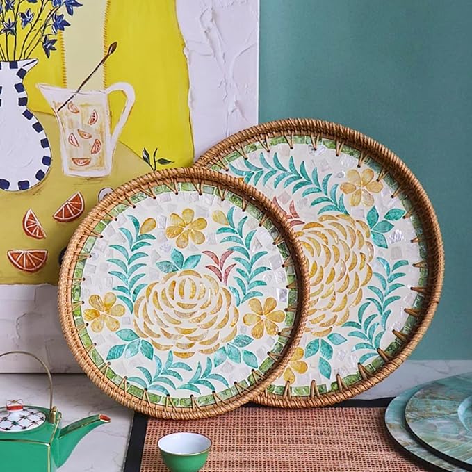 14" Large Rattan Serving Tray with Mother of Pearl, Round Coffee Table Tray Decor, Boho Decorative Hand-Woven Wicker Home Decor (Peony Flower)