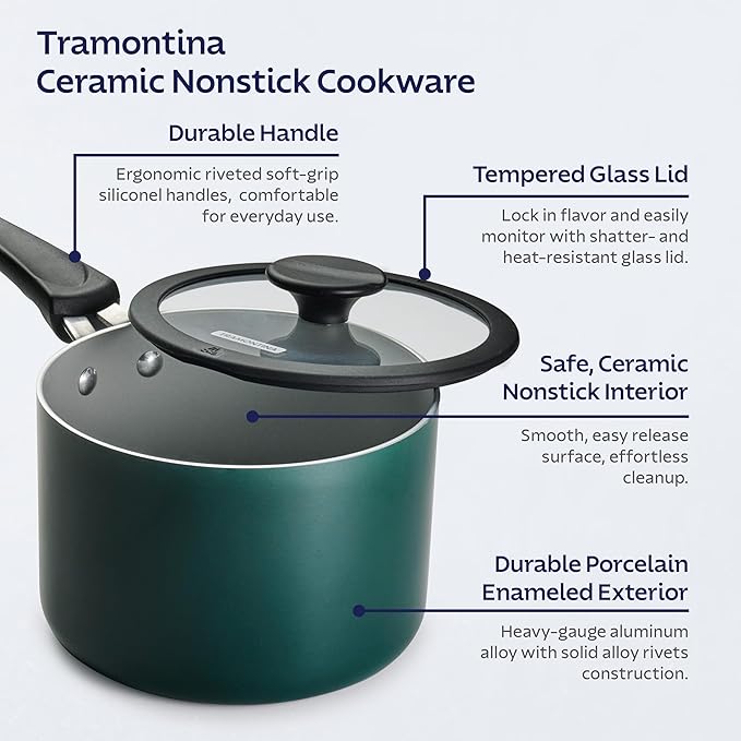 Tramontina Ceramic Non Stick 11-Piece Nesting Pots and Pans Set with Lids - Stackable Nonstick Cookware Set, Dishwasher and Oven Safe, Teal