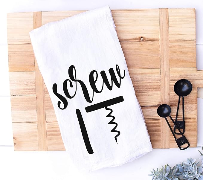 Handmade Funny Kitchen Towel - 100% Cotton Funny Corkscrew Hand Bar Towels for Wine Lovers - 28x28 Inch Perfect for Hostess Housewarming Christmas Mother’s Day Birthday Gift (Screw It)