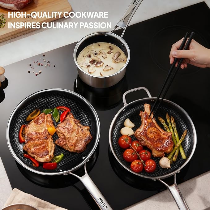 ROVSUN 10 Pcs Non-Stick Cookware Set, Stainless Steel Pots and Pans Set with Lids, Non-Toxic Kitchen Set Chef's Pan, PFOA & PTFE Free, Compatible for All Cooktops