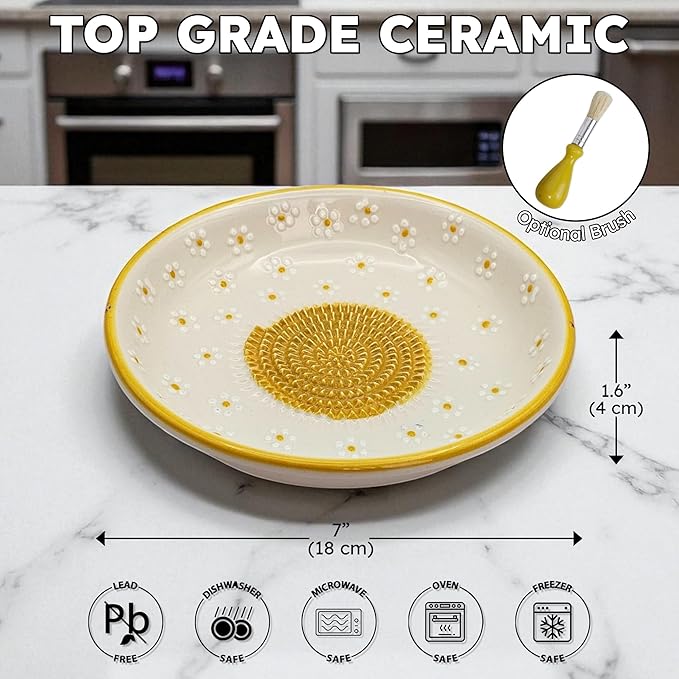 Ceramic Grater Bowl, Garlice Grater Plate, Handmade Ginger Grater, Mincer Bowl for Cheese &Vegetables, Ceramic Decorative Mincer, Hand Dish for Garlic (Daisy Garden)