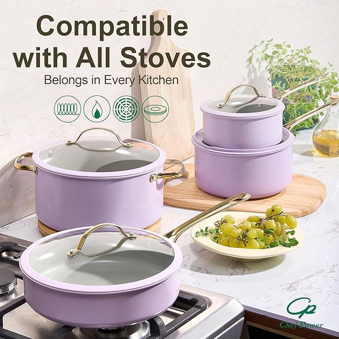 Chef Power Ceramic Cookware Sets, 10Pcs Pots and Pans Set Non Stick, Cookware Set with Stainless Steel Handle, Dishwasher & Oven Safe, Light Purple and Granite Grey