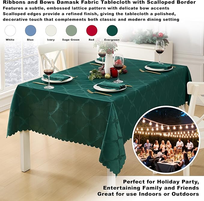 Newbridge Rectangle Tablecloth, 60 x 144 Inch, Spring and Easter Ribbons and Bows Damask, Wrinkle and Stain Resistant Fabric Table Cloth, Holiday Evergreen