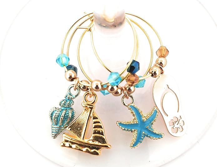 Beach Wine Charms For Beach Lovers, Host Gifts For House, Nautical Glass Tag Identifiers, Shell, Starfish, Boat, Flip Flops, and Fish Glass Markers, 8 wine Charms
