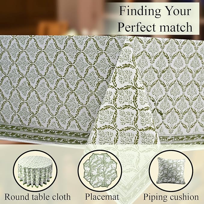 CPC Fern Regal Tablecloth 100% Cotton 60x90 Inch Indian Block Print Rectangle Table Cover, Table Cloth for Gifting in Weddings, Halloween, Fall, Christmas, Thanksgiving