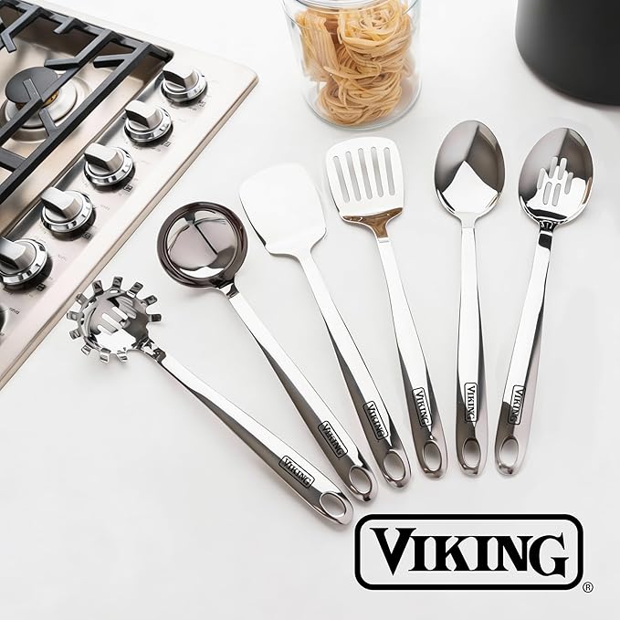 Viking Kitchen Utensils Set, 6 Piece Stainless Steel Cooking Utensil Set, Includes Spatulas, Spoons, Pasta Fork, and Deep Ladle, Hollow Forged, Silver