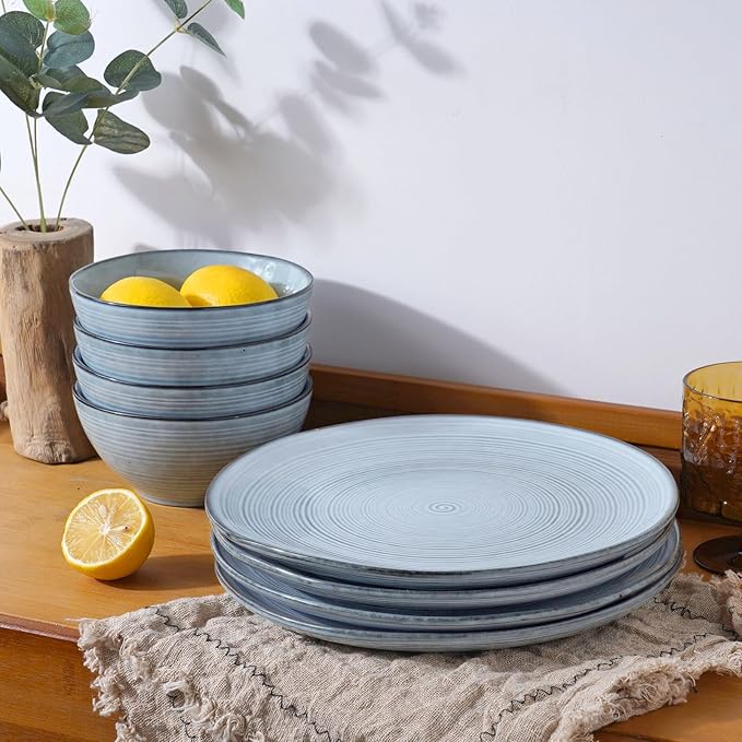 famiware Plates and Bowls Sets for 4, 12 Pieces Stoneware Dinnerware Sets, Dishes Set, Reactive Glaze Dishware Sets, Dishwasher & Microwave Safe, Tempus Series - Pearl Blue