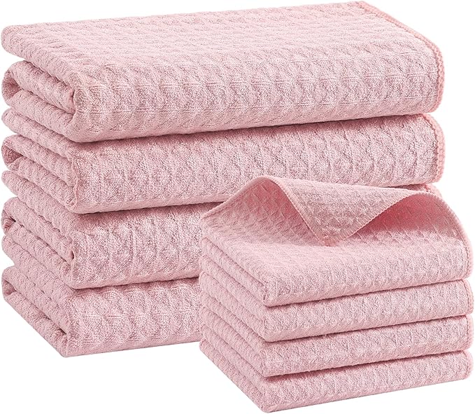 Homaxy Microfiber Waffle Weave Kitchen Towels Set, (16 x 28 & 12 x 12 Inch, Pink) Ultra Absorbent and Solid Color Dish Towels, 8 Pack, Pink