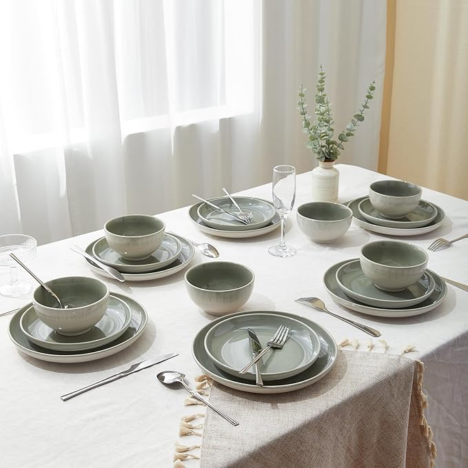 24 Piece Double Bowl Dinnerware Sets with Pasta Bowls, Highly Chip and Crack Resistant Plates and Bowls Sets, Natural Earthyware Ceramic Dishware Sets, Service for 6 Gradient Green
