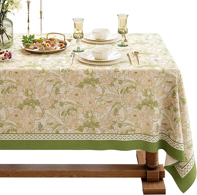 French Linen Tablecloth Rectangular, Vintage Floral Table Cloth, Waterproof Table Cover for Picnic Dining Party Wedding, Sage Green, 63x106''