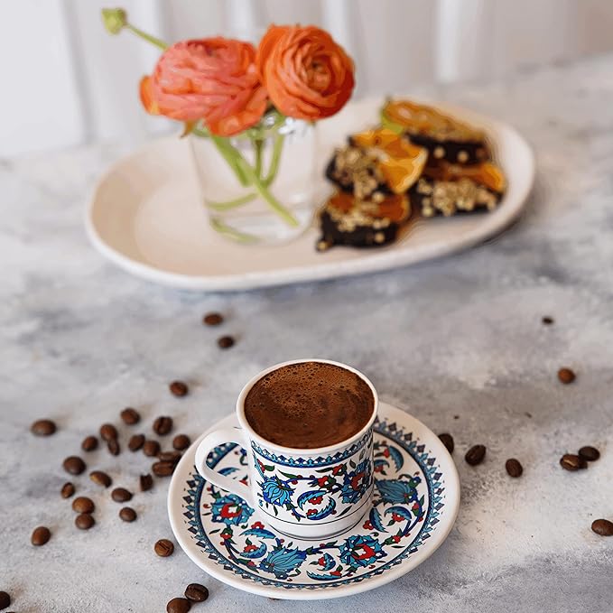 Turkish Coffee Cup Set of 2 with Saucers & Holder – Ceramic, Dishwasher-Safe, Keeps Warm – Patterned Turkish Espresso Cups Set for Home & Office (Standart, 2, Count)