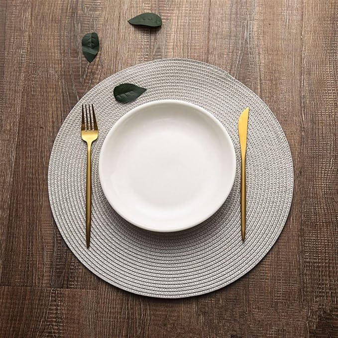 Table Mat Round Woven Placemats PP Waterproof Dining Non-Slip Napkin Disc Bowl Pads Drink Cup Coasters Kitchen Decoration(Coffee Colour)