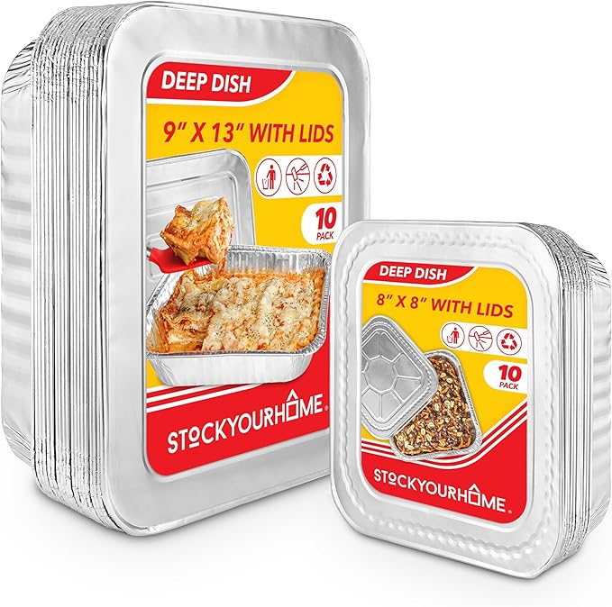 Disposable Foil Pans with Lids (Set of 20) Heavy Duty Aluminum Pans with Lids 9x13 (x10), 8x8 (x10) Baking Tins with Covers for Cooking, Heating, Storing, Food Prep, Holiday Dinner Meals