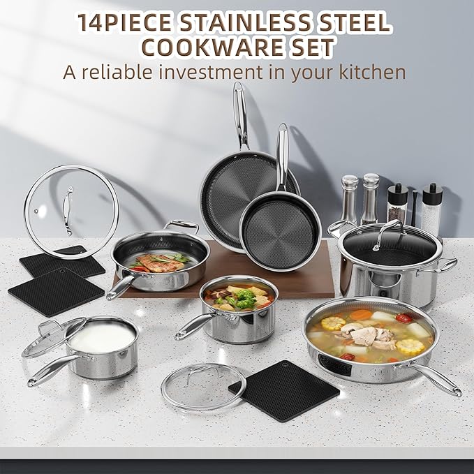 Yoehka 14-Piece Hybrid Stainless Steel Cookware Set, Non-Stick Pots and Pans Set with 3 Silicone Trivets | Induction Compatible Frying Pans, Saucepans, Saute Pan & Stock Pot | Oven Dishwasher Safe