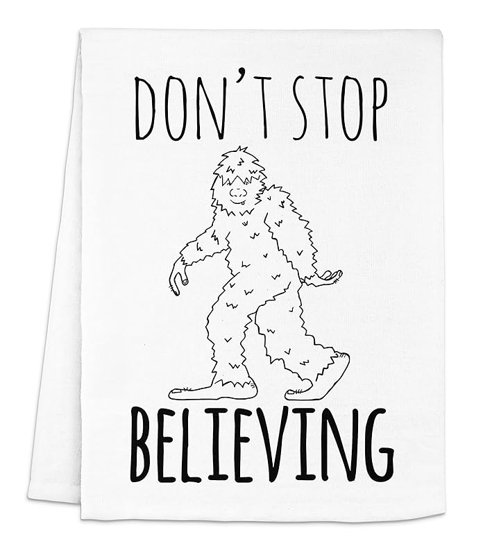 Funny Kitchen Towel, Don't Stop Believing, Flour Sack Dish Towel, Sweet Housewarming Gift, White