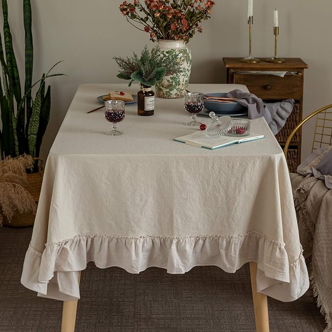 Retro Farmhouse Ruffle Tablecloth Cotton Flounces Trim Washable Table Cover Tablecloths for Rectangle Table Baby Shower Kitchen Party Wedding Decor 60''x102''