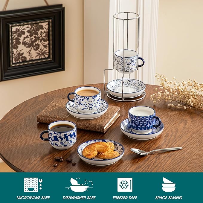 vancasso 4OZ Stackable Espresso Cups with Saucers, Porcelain Cappuccino Cups Set of 4, Coffee Cups Set with Metal Stand for Specialty Coffee Drinks, Great gift, Series SELENE (Vintage Blue, 4 Ounce)
