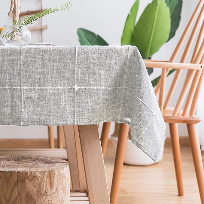 ColorBird Solid Embroidery Lattice Tablecloth Cotton Linen Dust-Proof Checkered Table Cover for Kitchen Dinning Tabletop Decoration (Rectangle/Oblong, 52 x 120 Inch, Grey)
