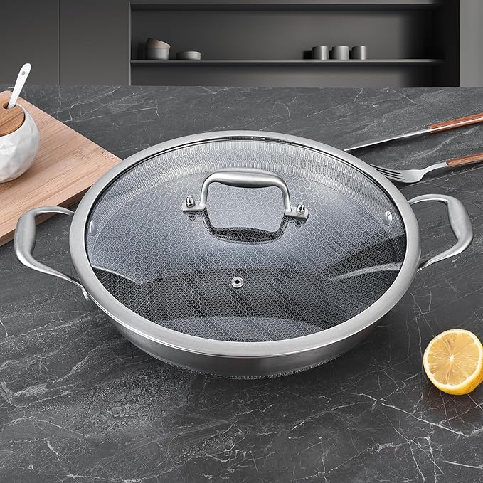 LOLYKITCH 12 Inch New Hybrid Tri-Ply Stainless Steel Wok Pan with Lid,Ceramic Nonstick Stir Fry Pans,Induction Cooking Pot,Dishwasher and Oven Safe
