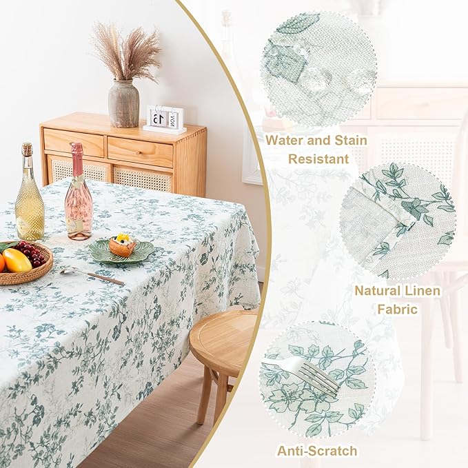 H.VERSAILTEX Linen Table Cloths Floral Printed Tablecloth Spill-Proof Waterproof Table Cover for Dining Buffet Feature Soft and Thick Fabric Wrinkle Free, 60 x 84 Inch, Retro Floral - Sage