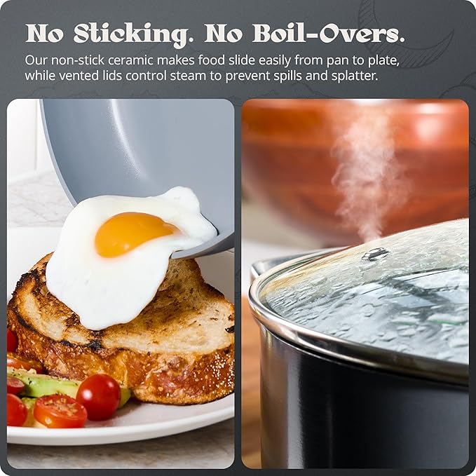 Premium Non-Toxic Ceramic Cookware Set – Triple-Layer Nonstick 12 Piece Pots and Pans with Lids, PFAS-Free, Oven Safe for Healthy Meals, Space-Saving Design, Midnight Gray Color | Greater Goods
