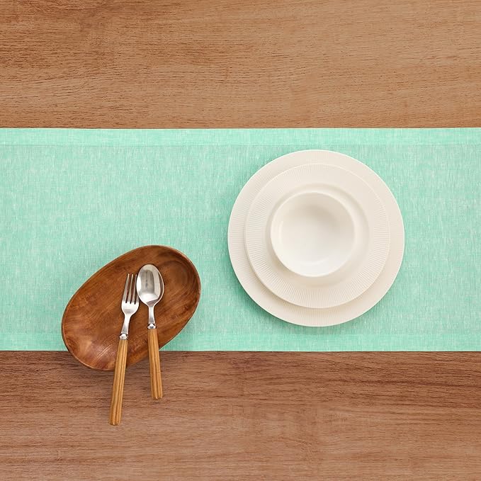 Solino Home Linen Table Runner 90 Inches Long - Athena, 100% Pure Linen Chambray Aqua Dining Table Runner 14 x 90 Inch for Winter, Spring, Easter
