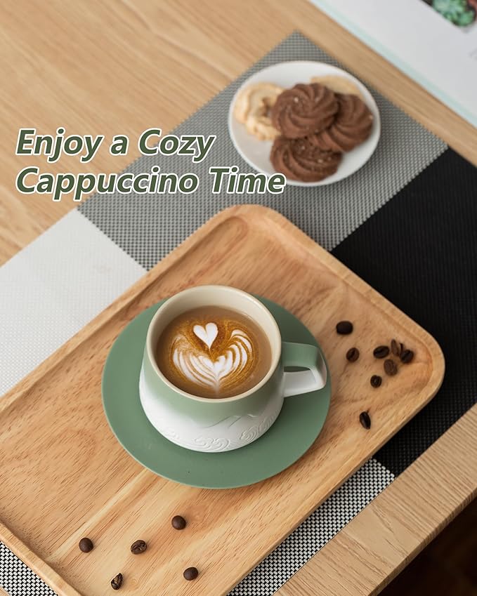ZENS 8 Ounce Artistic Cappuccino Cups Set of 2, Embossed Ceramic Coffee Mug with Saucers for Latte Art, Moss Green & White