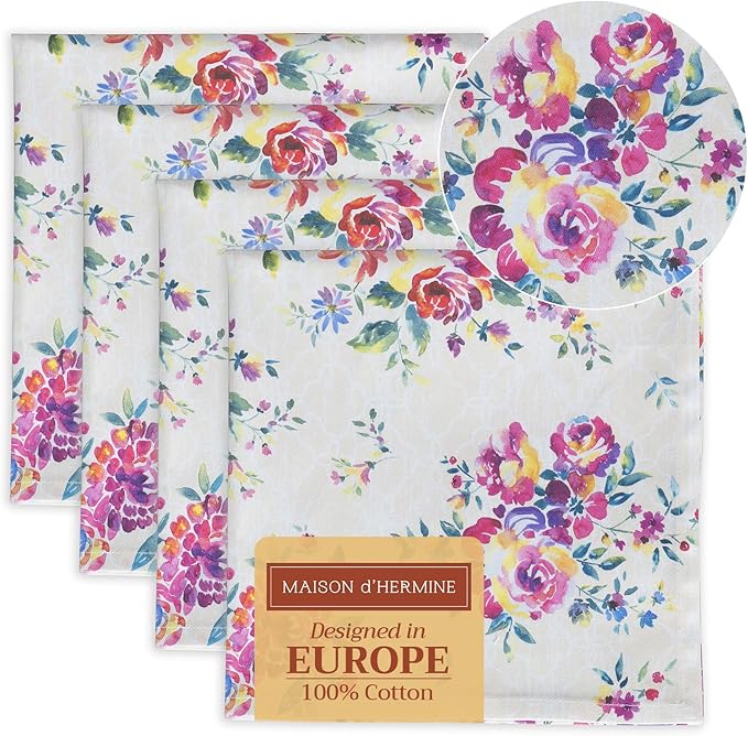 Maison d' Hermine Cloth Napkins Set of 4 100% Cotton Everyday Reusable Square Napkins Cloth Washable Dinner Party Wedding Restaurant Valentines Day Decorations Spring/Summer (Rose Garden, 20" x 20")