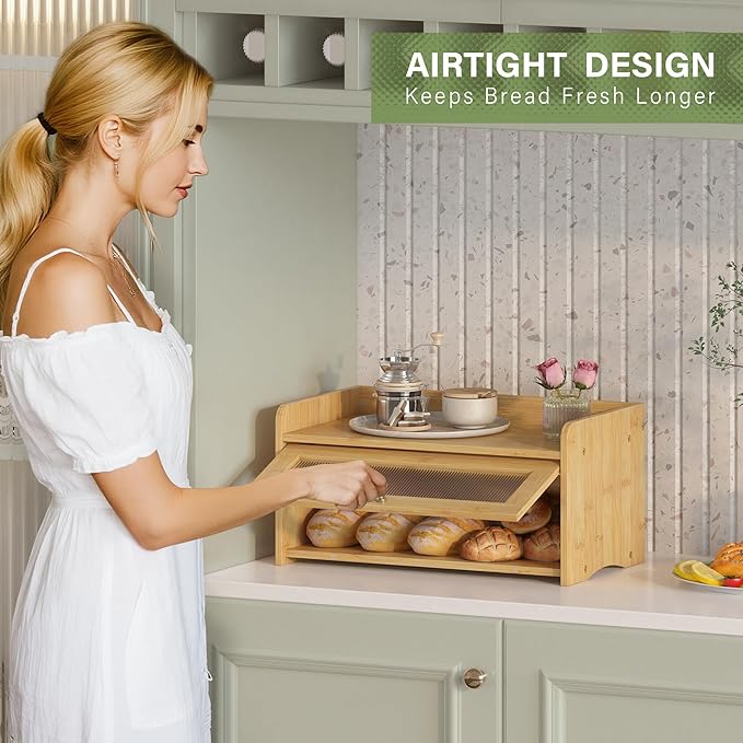 Bread Box for Kitchen Countertop, Large Bread Container Storage, Wooden Farmhouse Bread Box with Window Bread Holder (Vintage Bamboo)