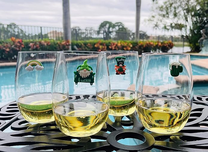 Simply Charmed St. Patrick's Day Gnome Magnetic Wine Glass Charms – Green Drink Markers, St. Pat’s Party Accessories, Set of 6