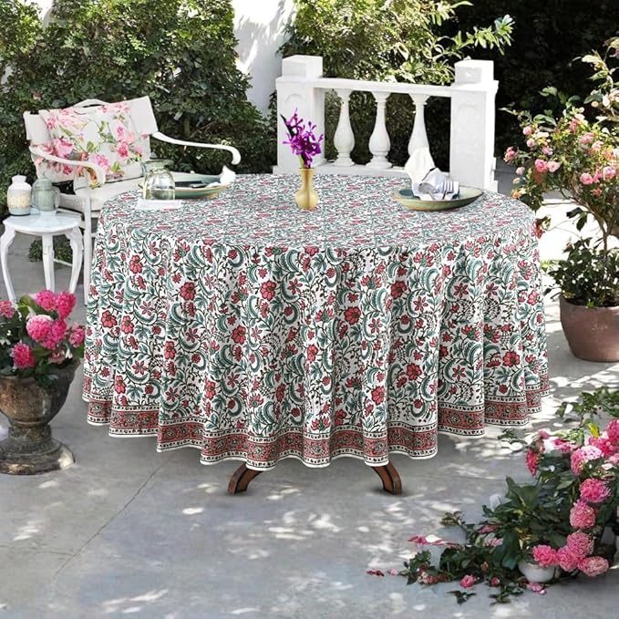 Ridhi Block Print Round Tulip Pink Reusable Tablecloth 100% Cotton 60" Inch Decorative Table Cover eveyday Dining, Home, Party, Wedding, Farmhouse Gift for Spring, Easter, Valentine