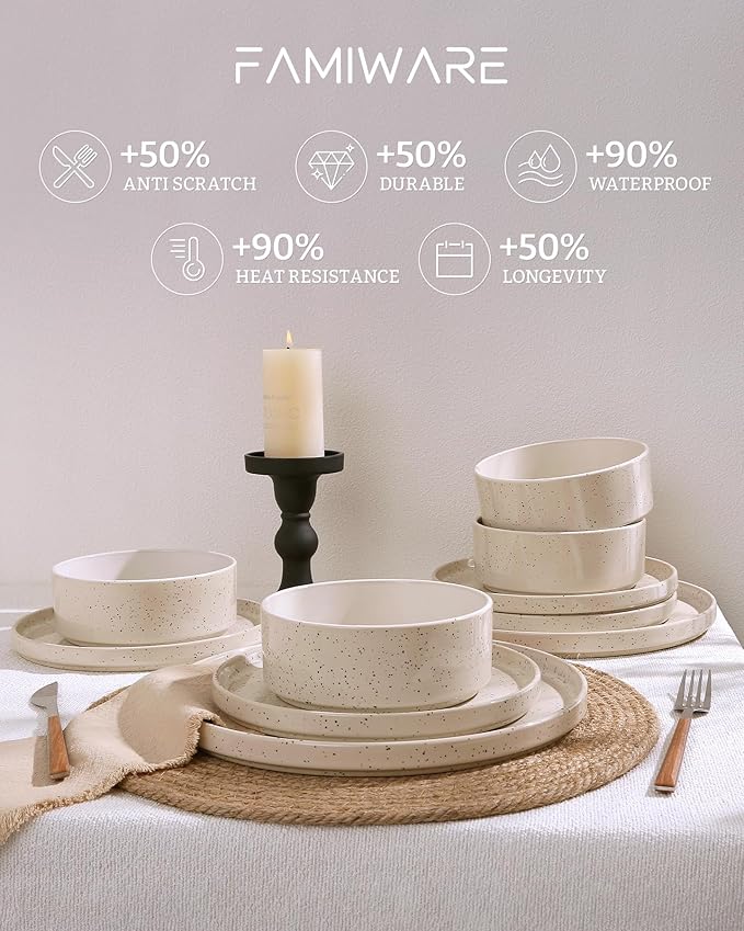 Famiware Nebula Plates and Bowls Set, 24 Pieces Dinnerware Sets, Dishes Set for 8, Creamy White with Colorful Speckles