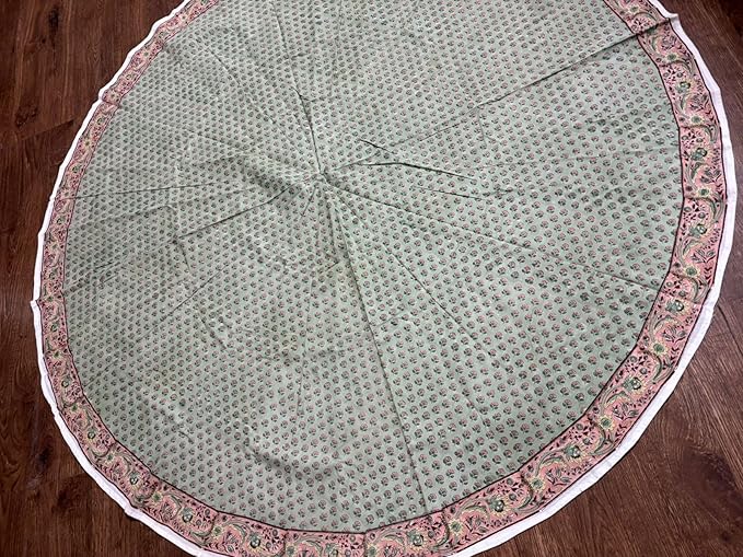 Ridhi Block Print Round Swamp Green Reusable Tablecloth 100% Cotton 110" Inch Decorative Table Cover eveyday Dining, Home, Party, Wedding, Farmhouse Gift for Spring, Easter, Valentine