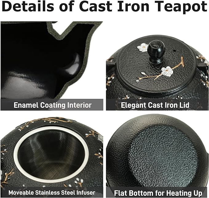 YJX 27oz Small Cast Iron Teapot for Stovetop, Japanese Tetsubin with Enamel, Beautiful Decorative Tea Pot, Durable Tea Kettle with Stainless Steel Infuser for Loose Tea(800ML)