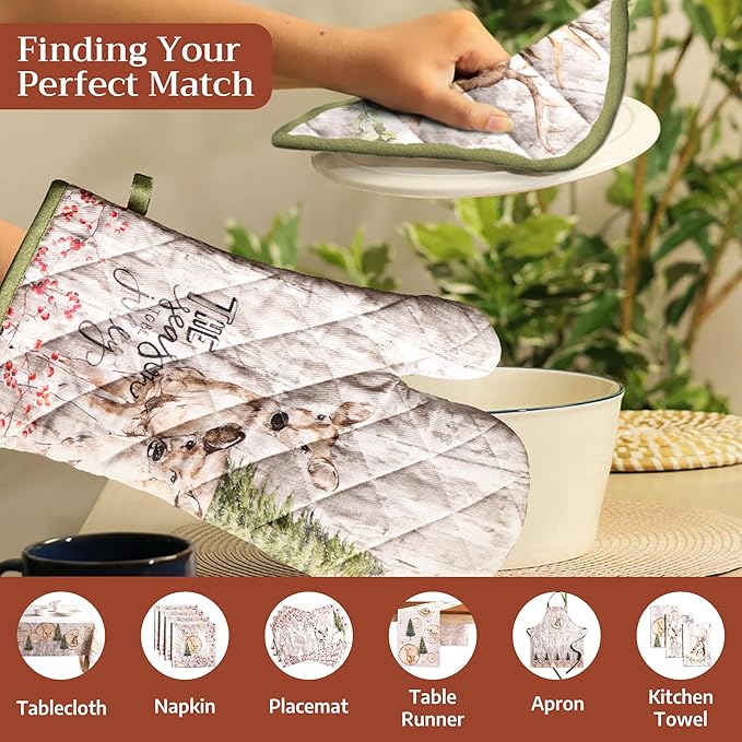 Maison d' Hermine 100% Cotton Oven Mitt & Pot Holder Set (7.5"x13" & 8"x8") Heat Resistant BBQ Cooking Gloves with Loop for Thanksgiving Christmas Decorations Handling Hot Pans (Mountain Life)