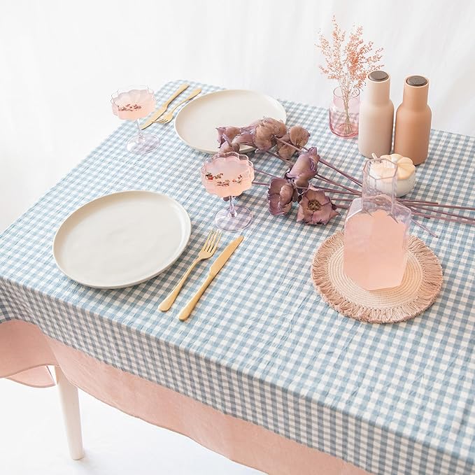 MONDAY MOOSE Gingham Checkered Farmhouse Rustic Picnic Style Decoration Rectangle Natural Stonewashed Cotton Tablecloth for Kitchen, Dining Room, Restaurant (60x86 inch, Blue/Clay)