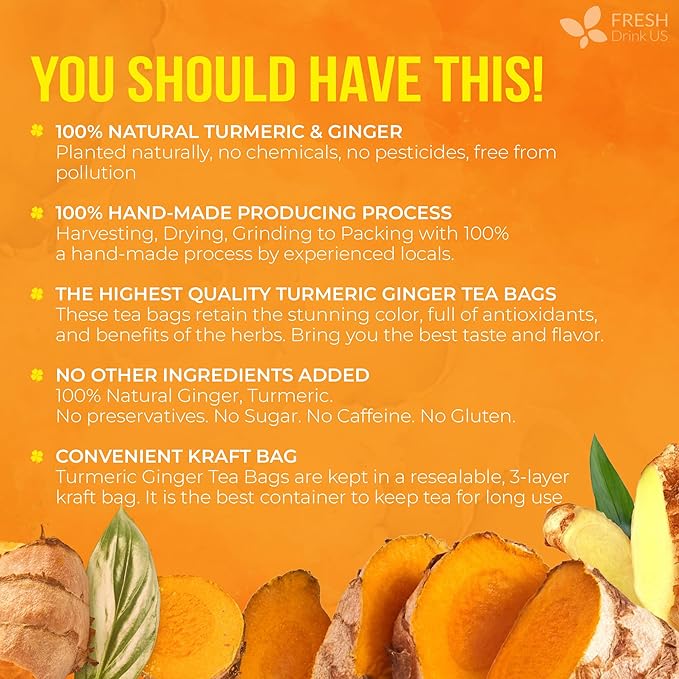 FreshDrinkUS, Premium 135 Turmeric Ginger Tea Bags, 100% Natural Ingredients, Hand-made Blend of Turmeric and Ginger Herbal Tea, Eco-conscious Tea Bags. No Sugar, No Caffeine, No Gluten, Vegan.