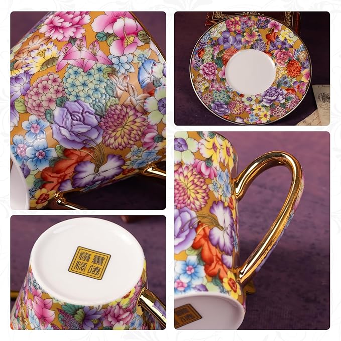 KAMMAK Tea Cups and Saucers Set of 2, Porcelain Coffee Cup with Saucer for Espresso, Cappuccino, 7.5oz Vintage Yellow Floral Ceramic Novelty Mug for Home, Tea Party, Office