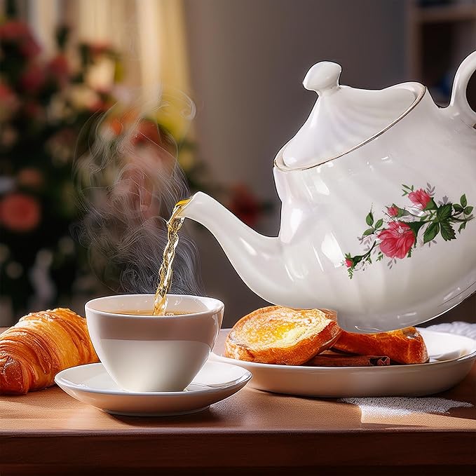 Lynns Porcelain Vintage Teapot with Embossed Swirls 37oz Tea Pot Classic White Tea Set for Parties & Celebrations Ideal Teapot for Tea Cups & Saucers Perfect for Tea Parties - Vintage Rose