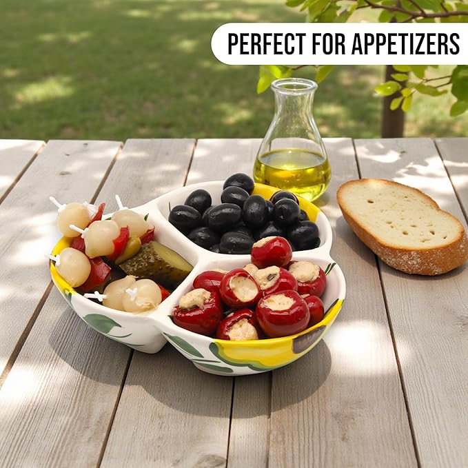Ceramic Chip & Dip Bowl 7.5”, 3-Compartment Divided Serving Dish & Condiment Tray for Appetizers – Handmade in Spain, Lead-Free Glaze, Microwave, Oven & Dishwasher Safe